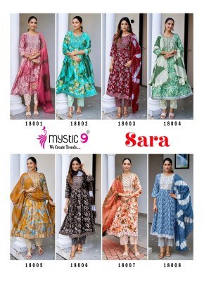 Mystic9 Sara Vol 18 Nyra Cut Kurti Pant with Dupatta Heavy Rayon Foil Print And Embroidered Neck Chanderi Cotton Dupatta Wholesale kurti pant with dupatta Catalogs