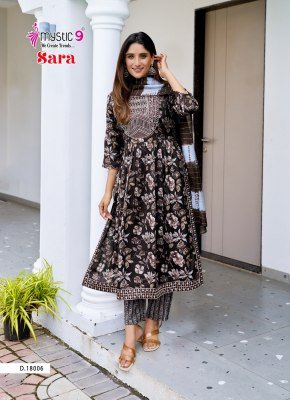 Mystic9 Sara Vol 18 Nyra Cut Kurti Pant with Dupatta Heavy Rayon Foil Print And Embroidered Neck Chanderi Cotton Dupatta Wholesale kurti pant with dupatta Catalogs