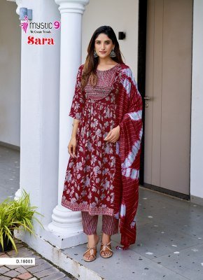 Mystic9 Sara Vol 18 Nyra Cut Kurti Pant with Dupatta Heavy Rayon Foil Print And Embroidered Neck Chanderi Cotton Dupatta Wholesale kurti pant with dupatta Catalogs