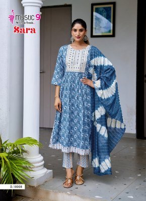 Mystic9 Sara Vol 18 Nyra Cut Kurti Pant with Dupatta Heavy Rayon Foil Print And Embroidered Neck Chanderi Cotton Dupatta Wholesale kurti pant with dupatta Catalogs