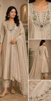 NAVRANG Mal Chanderi Handwork Embroidery Semi Palazzo Suit Set Size wise Combo Set