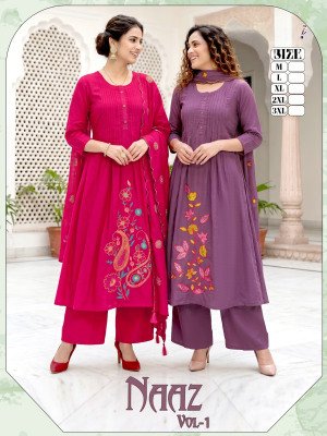 Naaz Vol 1 Roman Silk Heavy Embroidery Sequence Work Designer 3 Piece Suit Set 