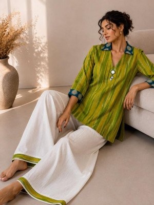 Nagri Ilampalli Ikat Cotton Gamthi Style Short Top Palazzo Set with Mirror Work kurtis catalogs