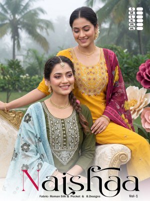 Naishaa Roman Silk Embroidered Kurta Pant Set with Digital Dupatta 