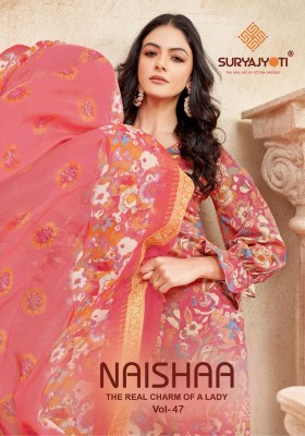 Naishaa by Suryajyoti Presented Jam Satin Printed unstitched suit catalogue at low rate wholesale catalogs