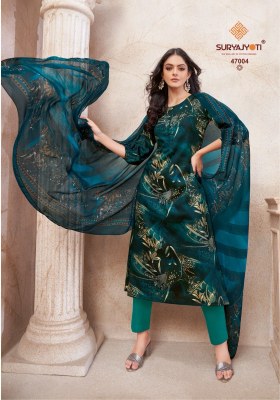Naishaa by Suryajyoti Presented Jam Satin Printed unstitched suit catalogue at low rate dress material catalogs