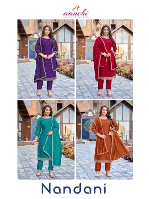 Nandani by Aanchi kurti designer embroidered fancy readymade suit catalogue at affordable rate readymade suit catalogs