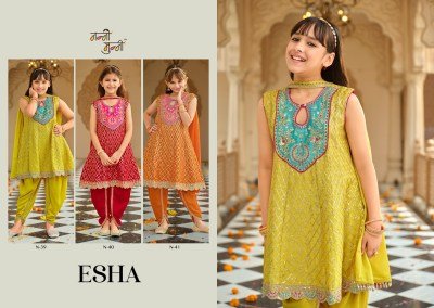 Nanni-Munni ESHA Kids Chinon Embroidery Top Dhoti Dupatta 3-Piece Set readymade suit catalogs