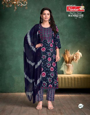 Navkar Samrithi Vol 1 Designer Embroidery Kurta with Pocket, Capsule Print Bottom And Chiffon Dupatta Wholesale kurtis catalogs