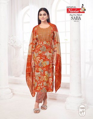 Navkar brand Saba VOL 13 Embroidered Rayon Kurti with Foil Print And Chanderi Dupatta Wholesale Ethnic Wear Bulk readymade suit catalogs