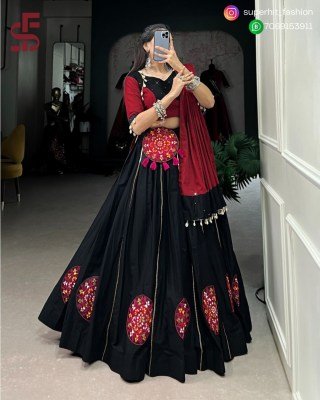 Navratri 1603 Ready Black Lehengha Choli Soft Cotton with Handworked Mirror And Gota Patti Fully Stitched Cotton with Handworked Mirror And  Kabddi La lehenga choli