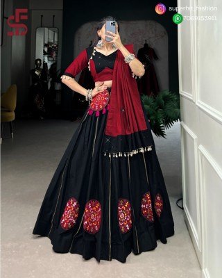 Navratri 1603 Ready Black Lehengha Choli Soft Cotton with Handworked Mirror And Gota Patti Fully Stitched Cotton with Handworked Mirror And  Kabddi La lehenga choli