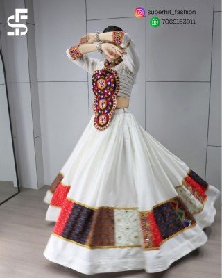 Navratri 8054 Cream Colour  Ethnic Lehenga Set with Fancy Top  Pure Rayon Cotton  Multi Design Prints And Real Mirror Kutchi Work Wholesale lehenga choli