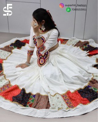 Navratri 8054 Cream Colour  Ethnic Lehenga Set with Fancy Top  Pure Rayon Cotton  Multi Design Prints And Real Mirror Kutchi Work Wholesale lehenga choli