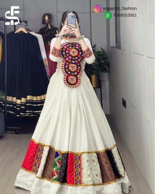 Navratri 8054 Cream Colour  Ethnic Lehenga Set with Fancy Top  Pure Rayon Cotton  Multi Design Prints And Real Mirror Kutchi Work Wholesale lehenga choli