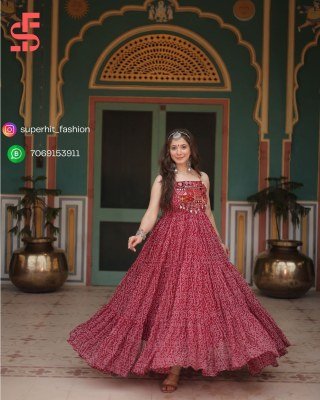 Navratri Bandhani Print AE1119 Faux Georgette Gown with Kutchi Patchwork Border And Kodi Latkan Sleeveless Festival Wear Wholesale Amavi