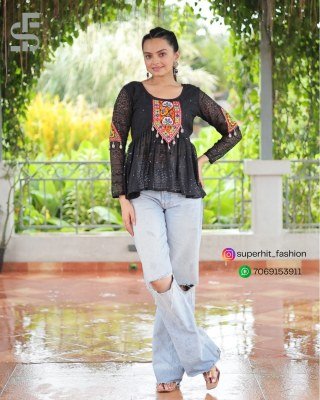 Navratri Collection 1186 Black Colour Festive Georgette Peplum Kurti Schiffli And Kutchi Gamthi Patchwork  Full Sleeves Wholesale kurtis