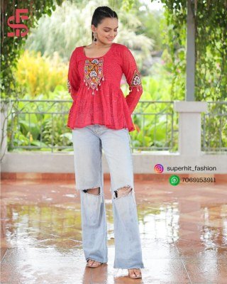 Navratri Collection 1186 Red Colour Festive Georgette Peplum Kurti Schiffli And Kutchi Gamthi Patchwork  Full Sleeves Wholesale Amavi