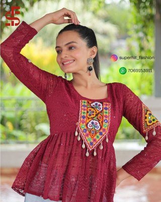 Navratri Collection 1186 Maroon Colour Festive Georgette Peplum Kurti Schiffli And Kutchi Gamthi Patchwork  Full Sleeves Wholesale kurtis