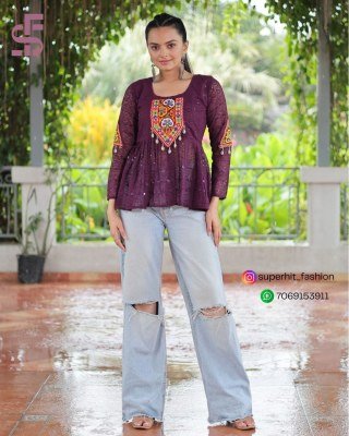 Navratri Collection 1186 Wine Colour Festive Georgette Peplum Kurti Schiffli And Kutchi Gamthi Patchwork  Full Sleeves Wholesale Amavi