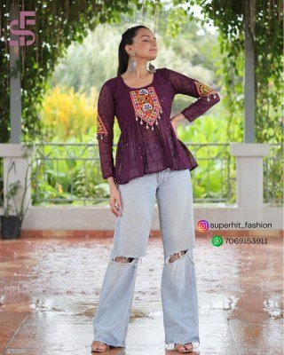 Navratri Collection 1186 Wine Colour Festive Georgette Peplum Kurti Schiffli And Kutchi Gamthi Patchwork  Full Sleeves Wholesale kurtis