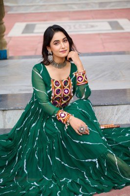 Navratri Collection 1187 Green Colour Cotton Laheriya Print with Kutchi Patchwork in Faux Georgette Gown  Wholesale Amavi