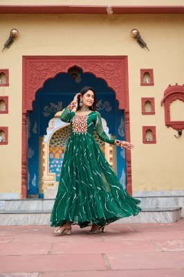 Navratri Collection 1187 Green Colour Cotton Laheriya Print with Kutchi Patchwork in Faux Georgette Gown  Wholesale gowns