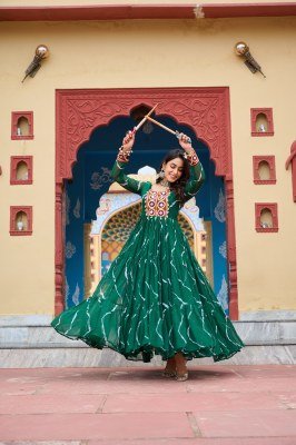 Navratri Collection 1187 Green Colour Cotton Laheriya Print with Kutchi Patchwork in Faux Georgette Gown  Wholesale gowns