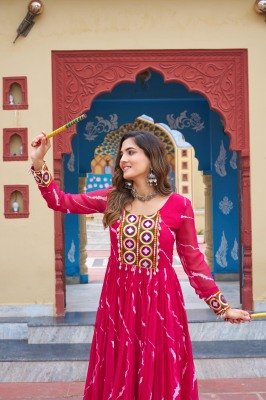 Navratri Collection 1187 Pink Colour Cotton Laheriya Print with Kutchi Patchwork in Faux Georgette Gown  Wholesale gowns