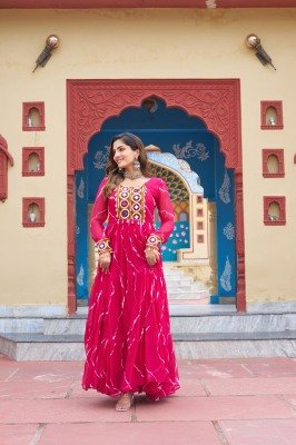 Navratri Collection 1187 Pink Colour Cotton Laheriya Print with Kutchi Patchwork in Faux Georgette Gown  Wholesale gowns