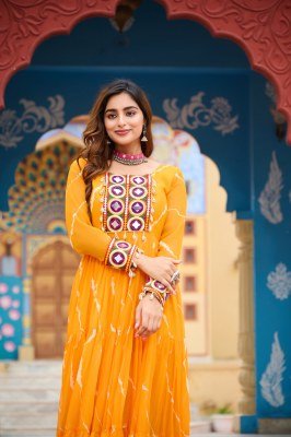 Navratri Collection 1187 Yellow Colour Cotton Laheriya Print with Kutchi Patchwork in Faux Georgette Gown  Wholesale Amavi