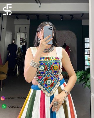 Navratri Collection 1615 White Colour Pure Rayon Mirror Gamthi Work Lehenga Choli with Gota Patti, Jarkan Diamond And Kodi Lace Detailing Kodi Lace wh lehenga choli