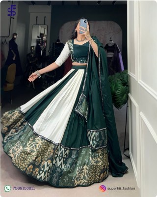 Navratri Festivals Plain And Printed With Original Mirror Work Lehenga Choli  White And GreenColour Collection Wholesale  Single