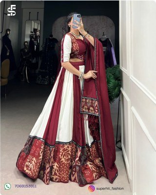 Navratri Festivals Plain And Printed With Original Mirror Work Lehenga Choli  White And Maroon Colour Collection Wholesale  lehenga choli