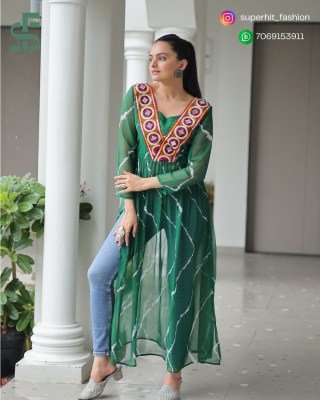 Navratri Festive 1181 Green Colour Fusion Leheriya Kurti with Kutchi Patchwork in Faux Georgette Wholesale kurtis