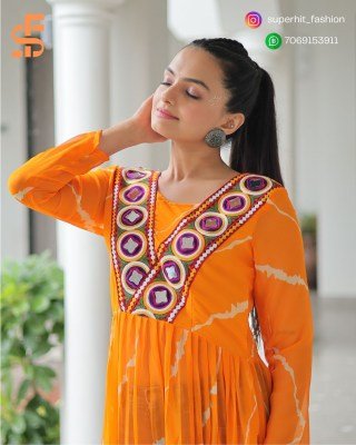 Navratri Festive 1181 Mustered Yellow Colour Fusion Leheriya Kurti with Kutchi Patchwork in Faux Georgette Wholesale Amavi