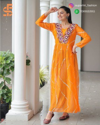 Navratri Festive 1181 Mustered Yellow Colour Fusion Leheriya Kurti with Kutchi Patchwork in Faux Georgette Wholesale kurtis