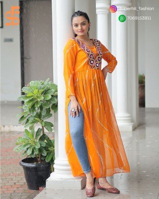 Navratri Festive 1181 Mustered Yellow Colour Fusion Leheriya Kurti with Kutchi Patchwork in Faux Georgette Wholesale kurtis