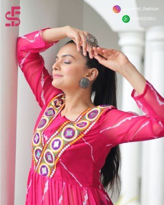 Navratri Festive 1181 Pink Colour Fusion Leheriya Kurti with Kutchi Patchwork in Faux Georgette Wholesale kurtis