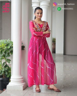 Navratri Festive 1181 Pink Colour Fusion Leheriya Kurti with Kutchi Patchwork in Faux Georgette Wholesale kurtis