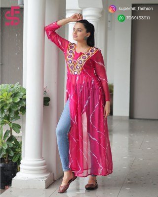 Navratri Festive 1181 Pink Colour Fusion Leheriya Kurti with Kutchi Patchwork in Faux Georgette Wholesale kurtis