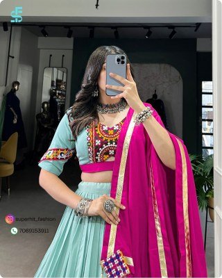 Navratri Glow Nine Nights Rayon Lehenga Set 1748 Sky Blue Colour with Mirror Gamthi Work Mirror, Lace  Cowrie Lehenga with Lace & Kodi Accents Wholesa lehenga choli