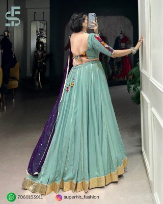 Navratri Lehenga Choli 1655 Aqua Blue Colour Designer Pure Rayon Lehenga Choli Set Gotta Patti Lace  Mirror Gamthi  Cowrie Accents And Embroidered  lehenga choli