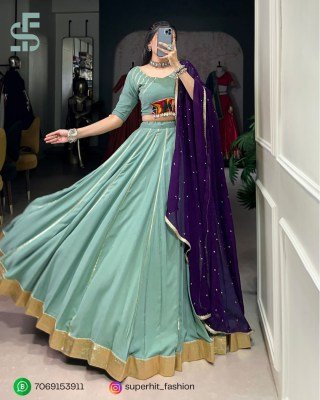 Navratri Lehenga Choli 1655 Aqua Blue Colour Designer Pure Rayon Lehenga Choli Set Gotta Patti Lace  Mirror Gamthi  Cowrie Accents And Embroidered  lehenga choli