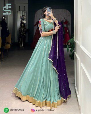 Navratri Lehenga Choli 1655 Aqua Blue Colour Designer Pure Rayon Lehenga Choli Set Gotta Patti Lace  Mirror Gamthi  Cowrie Accents And Embroidered  lehenga choli