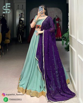 Navratri Lehenga Choli 1655 Aqua Blue Colour Designer Pure Rayon Lehenga Choli Set Gotta Patti Lace  Mirror Gamthi  Cowrie Accents And Embroidered  lehenga choli