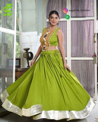 Navratri Radiance 1616 Parrot Colour Rayon Lehenga with Gamthi Work And Cowrie Lace Blouse  Gotta Patti Rayon Lehenga And Gamthi Embroidered Blouse Se lehenga choli