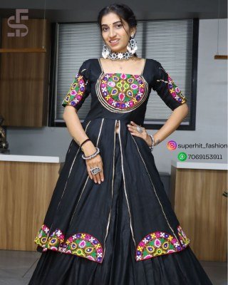 Navratri Special 8030 Balck Colour Pure Rayon Cotton Lehenga Set for Women Real Mirror And Gota Patti Work  Zari Border  Traditional Kali Design Whole lehenga choli