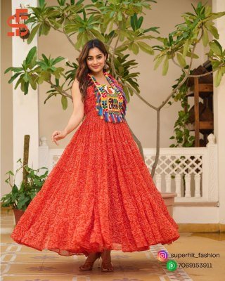 Navratri Special Bandhani Print Faux Georgette Gown with Gamathi Work  Real Mirror And Codi Lace Wholesale gowns