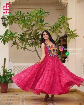 Navratri Special Bandhani Print Faux Georgette Gown with Gamathi Work  Real Mirror And Codi Lace Wholesale gowns